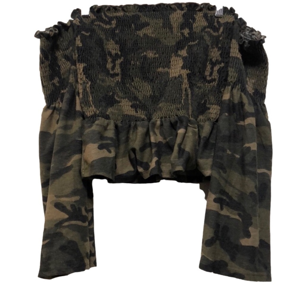 Vintage Havana Camo Off Shoulder Long Sleeve Top Small